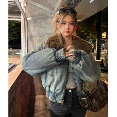 批发复古<b class='q'>牛仔</b>蓝炸街夹棉羊羔毛外套女2025冬季新款保暖可脱卸廓形<b class='q'>夹克</b>