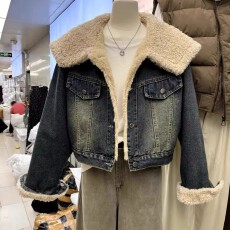 批发羊羔毛大翻领<b class='q'>牛仔</b>棉衣外套女小个子冬季保暖高腰短款加绒夹克棉服