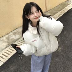 批发2025冬季新款蓝色美式复古羽绒棉服女百搭短款学生面包服棉衣外套