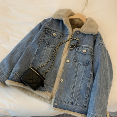 批发羊羔毛牛仔外套女加绒加厚毛茸茸休闲bf风棉服宽松派克服女皮草冬