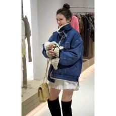 批发韩国 chic 女2025冬季加绒加厚立领机车服夹克棉服牛仔外套