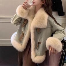 批发牛仔加厚羽绒服女外套2025入冬复古立领短款皮草白鸭绒棉衣派克服