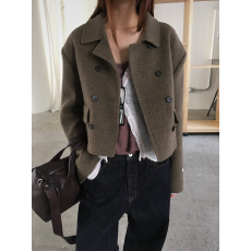 批发现~韩国东<b class='q'>大</b>门复古气质翻领双排扣纯色显瘦小个子短款毛呢外套