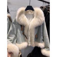 批发2025新款设计师款轻奢大毛领毛领翻领皮草女短款羽绒内胆牛仔外套