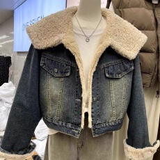 批发羊羔毛大翻领牛仔棉衣外套女小个子冬季保暖高腰短款加绒夹克棉服