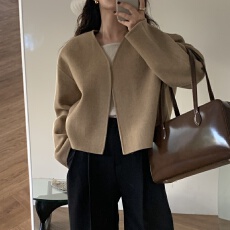 批发韩国chic极简主义法式复古气质V领百搭宽松无扣毛呢短外套女