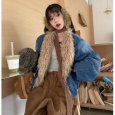 批发很秀 美式<b class='q'>街头</b>设计感牛仔拼接羊羔绒棉服外套女秋冬宽松棉衣