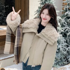 批发韩版两面穿大翻领皮毛一体短外套女2025冬季新款加厚保暖显瘦夹克