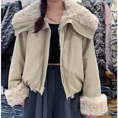 批发十三行两面穿大翻领羊羔毛外套女短款欧货皮毛一体派克服毛绒棉服