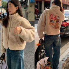 批发韩版新款立领保暖羊羔毛毛加棉外套后背印花上衣外套女