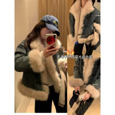 批发The Limon2025十三行秋冬牛仔拼接仿皮毛一体大毛领环保毛短外套