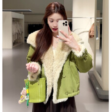 批发韩版超好看麂皮绒皮毛一体小个子加厚短款羊羔毛外套女冬新款上衣