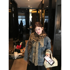 批发ffcheer 水洗做旧复古蓝毛领牛仔外套女冬季加厚短款夹棉毛毛上衣