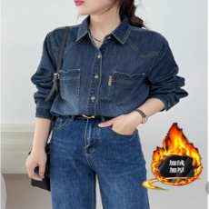 批发2025长袖新款牛仔衬衫女废土风设计复古韩版衬衣加绒加厚百搭外套