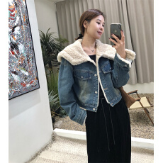 批发2025冬季韩版气质复古翻领加绒牛仔短外套女小个子加厚保暖上衣