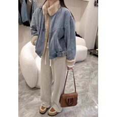 批发MQ麦琪复古立领羊羔毛牛仔外套女短款宽松显瘦皮毛一体夹克2025冬