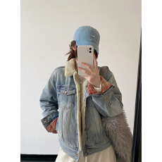 批发sun柚 水洗洋羔毛领格纹复古港风合身短款夹棉牛仔棉服外套秋冬季