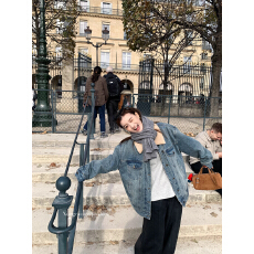 批发香菜不加辣XIANGCAI 复古牛仔夹棉外套女秋冬保暖羊羔毛翻领上衣