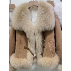 批发韩系设计感毛领咖色牛仔外套时尚夹绒加厚加绒保暖仿皮草毛绒大衣