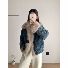 批发2025新款欧货爆款牛仔派克服短款狐狸毛腹毛皮草外套女
