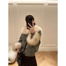 批发ALI 复古狐狸毛领牛仔皮草外套女冬90白鹅绒大衣高级感羽绒派克服