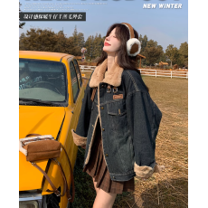 批发韩版时尚立领牛仔派克服女秋冬2024新款爆款高级感羊羔绒加厚棉服
