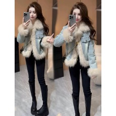 批发复古牛仔拼接皮草外套女冬季2025新款宽松加厚皮毛一体短款派克服