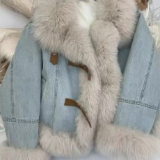 批发高端韩系羽绒服毛领蓝色牛仔外套女冬季夹绒加厚保暖皮草毛绒大衣