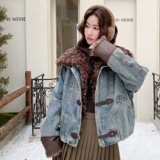 批发复古港风可脱卸圈圈毛领牛仔夹棉外套女2025冬季新款洋气炸街外套