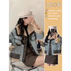 批发羽绒内胆拼接羊羔毛皮毛一体牛仔外套女2025冬季新款白鸭绒派克服