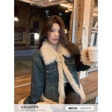 批发邱肉瑶 蓝色拼毛休闲加绒牛仔外套女冬季新款保暖短款气质短外套