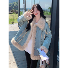 批发蓝色巨好看毛绒拼接<b class='q'>牛仔</b><b class='q'>外套女</b>2025冬季韩系复古宽松夹棉加厚棉服