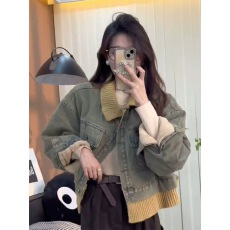 批发针织拼接加绒<b class='q'>牛仔</b>棉衣<b class='q'>外套女</b>小个子冬天撞色短款仿兔毛夹克上衣潮