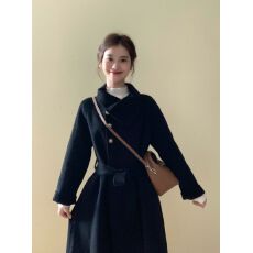 批发韩系黑色毛呢外套女冬季新款小个子高级感加厚中长款过膝呢子大衣