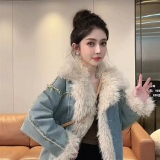 批发珍珠定制K19 冬日篇章~毛毛拼接牛仔羽绒外套 时尚潮流