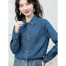 批发深蓝色复古正肩牛仔衬衫女叠穿内搭秋<b class='q'>冬</b>2025新款小个子港风软上衣