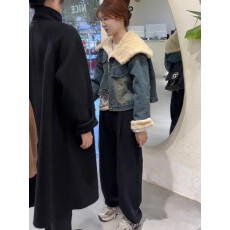 批发十三行秋冬女2024年新款小清新港风气质翻领牛仔加绒短款外套上衣