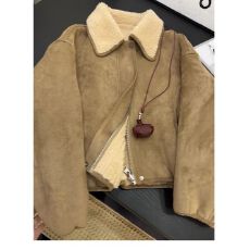 批发2025新款麂皮绒外套韩系羊羔毛皮毛一体短款机车服<b class='q'>皮衣</b>女冬小个子