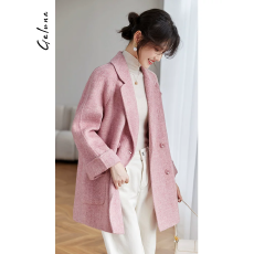批发2025新款秋冬双面绒粉色羊毛大衣女小个子中长韩版呢外套气质休闲