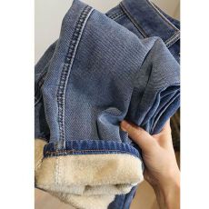 批发2025年新款加绒加厚蓝色高腰老爹牛仔裤子女秋冬设计感小众ins