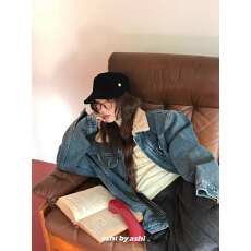 批发大于诗集 复古单宁 羊羔毛领拼接加绒宽松牛仔外套女美式加绒夹克