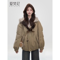 批发夏梵尼暖炉派克2025冬季新款韩系披肩连帽两穿仿羊羔毛加绒厚外套