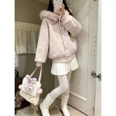 批发蝴蝶结绑带毛领连帽2025毛呢加棉外套女冬季加厚高级感棉服冬装