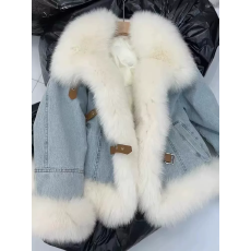 批发韩系羽绒服大毛领蓝色牛仔外套女<b class='q'>冬</b>季夹绒加厚保暖皮草毛绒大衣