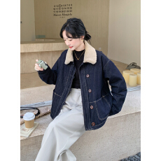 批发深蓝色羊羔毛领<b class='q'>牛仔</b>羽绒服2025新款女冬加绒加厚高级感<b class='q'>夹克</b>短外套