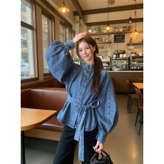 批发<b class='q'>春</b>季新款港味复古轻奢绑带收腰立领灯笼袖显瘦百搭牛仔上衣