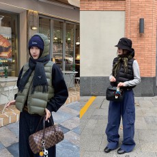 批发7AM10PM火山岩发热纱三星90白鸭绒马甲女 排骨连帽羽绒服背心外套