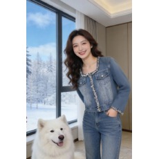 批发外贸品质重工设计珠片绣手工订珠休闲时尚水洗方领蓝色<b class='q'>牛仔</b>外套