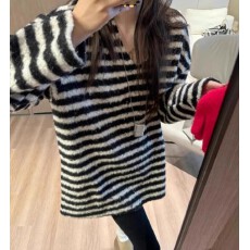 批发韩系黑白条纹V领长袖大版T恤女25秋冬松弛感宽松软糯套头针织上衣
