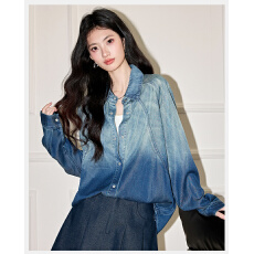 批发:复古渐变牛仔衬衫女春秋宽松显瘦设计感小众上衣服